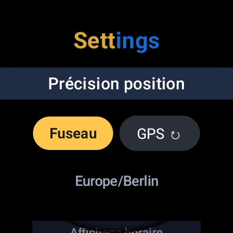Écran des paramètres GoldnBlue, précision de localisation réglée sur Fuseau horaire