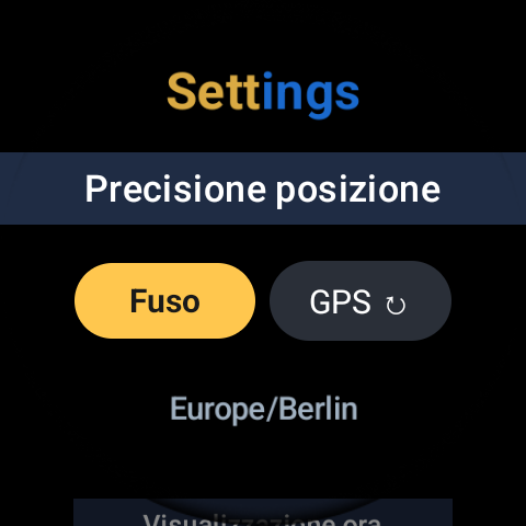 Schermata delle impostazioni di GoldnBlue, precisione di localizzazione impostata su Fuso orario