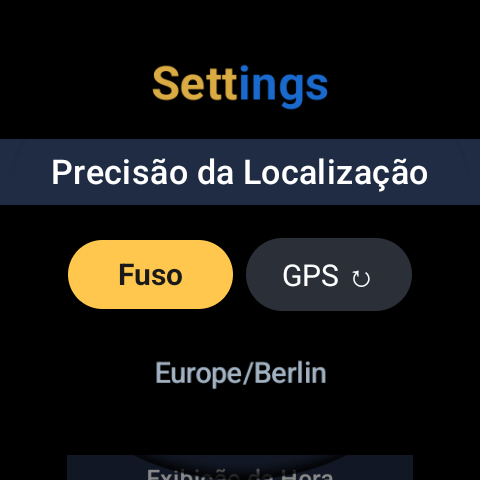 Ecrã de definições do GoldnBlue, precisão de localização definida para Fuso horário