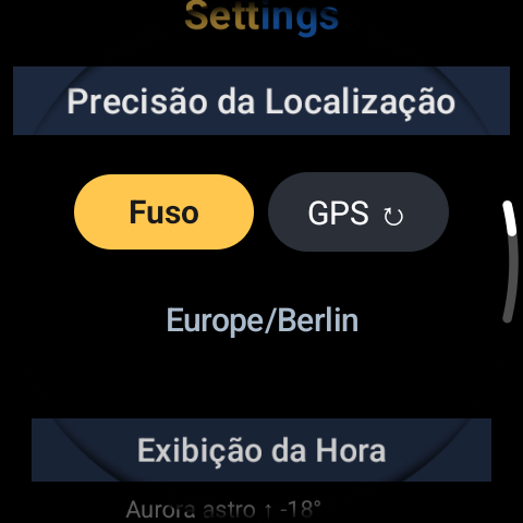 Ecrã de definições do GoldnBlue, interruptores por evento para escolher quais os eventos solares e lunares a apresentar