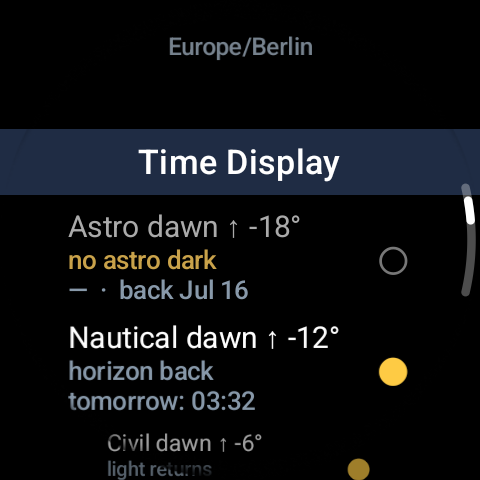 GoldnBlue settings screen, per-event toggles for which sun and moon events to show