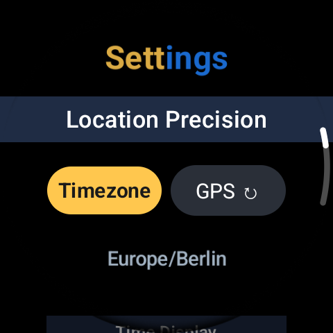 GoldnBlue settings screen, location precision set to Timezone