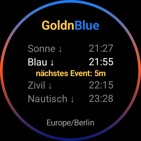 GoldnBlue-Ansicht zur blauen Stunde, Ring von Orange zu tiefem Blau