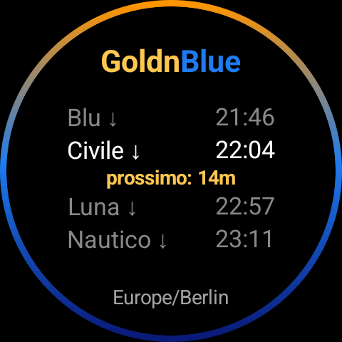 Scheda GoldnBlue nell'ora blu, anello che passa dall'arancione al blu profondo