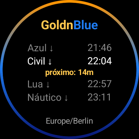 Bloco do GoldnBlue na hora azul, anel que passa do laranja ao azul profundo
