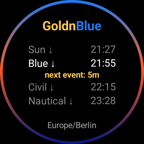 GoldnBlue tile face at blue hour, ring sweeping from orange to deep blue