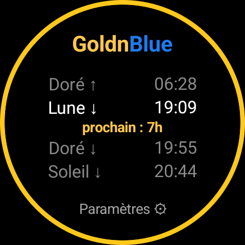 Carte GoldnBlue avant la première configuration, affichant une invite Paramètres à la place d'une position