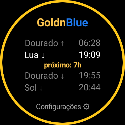 Bloco do GoldnBlue antes da configuração inicial, mostrando uma indicação de Definições em vez de uma localização
