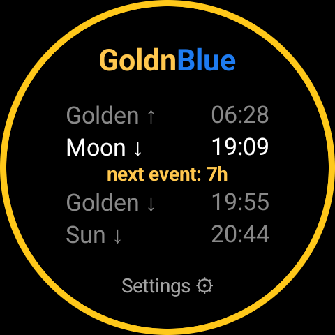 GoldnBlue tile before first setup, showing a Settings cue instead of a location