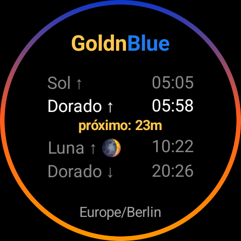 Tarjeta de GoldnBlue al amanecer, anillo que va del azul al violeta, pasando por el naranja hasta el dorado