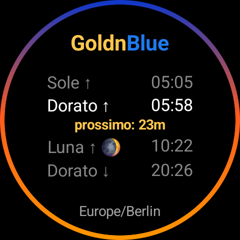 Scheda GoldnBlue all'alba, anello che passa dal blu al viola, poi all'arancione e all'oro