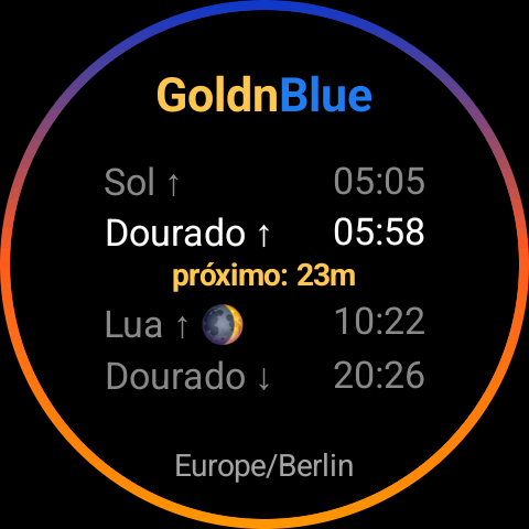 Bloco do GoldnBlue ao nascer do sol, anel que passa do azul ao violeta, laranja e dourado