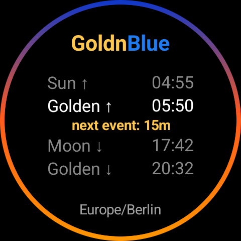 GoldnBlue tile face at sunrise, ring sweeping from blue through violet and orange to gold