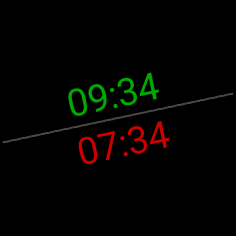 ZuluFace tilted one way - local time 09:34 in green above, Zulu/UTC 07:34 in red below, both leaning left with the separator, like a cockpit attitude indicator