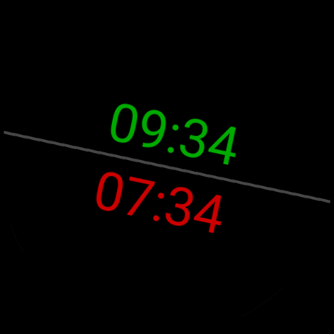 ZuluFace tilted the other way - the same two times and separator leaning right, showing how the display follows the wrist