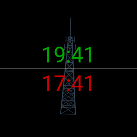 Zulu Face con una silhouette grigia di un traliccio radio dietro gli orari: ora locale 19:41 in verde in alto, ora Zulu/UTC 17:41 in rosso in basso, su nero.