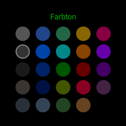 Das Farbraster „Farbton" in Zulu Face auf Wear OS - 24 Farbtöne (Grau, Blau, Türkis, Bernstein, Rot, Violett); ausgewählt ist das Grau in der zweiten Reihe (heller Ring). Der hier gewählte Ton färbt die Silhouette hinter der Zeitanzeige.