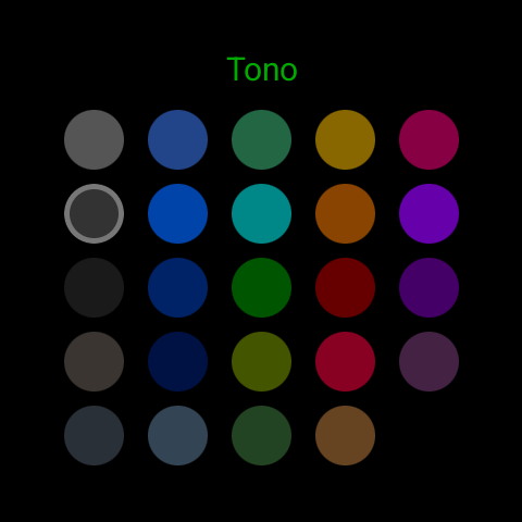 La cuadrícula de colores «Tono» en Zulu Face en Wear OS: 24 tonos (grises, azules, turquesas, ámbares, rojos, morados); el gris de la segunda fila está seleccionado (anillo claro). El tono elegido aquí colorea la silueta detrás de la hora.