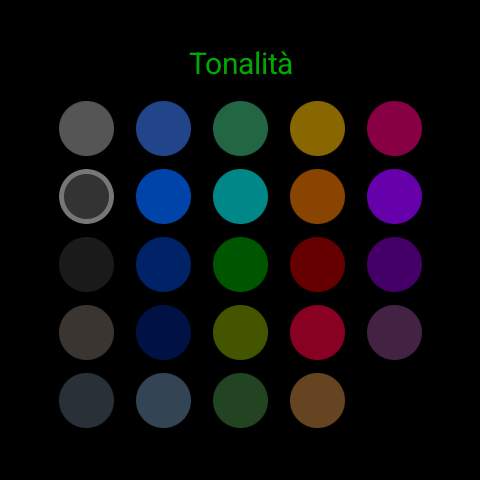La griglia di colori «Tonalità» in Zulu Face su Wear OS: 24 tinte (grigi, blu, turchesi, ambra, rossi, viola); il grigio della seconda riga è selezionato (anello chiaro). La tinta scelta qui colora la silhouette dietro l'orario.
